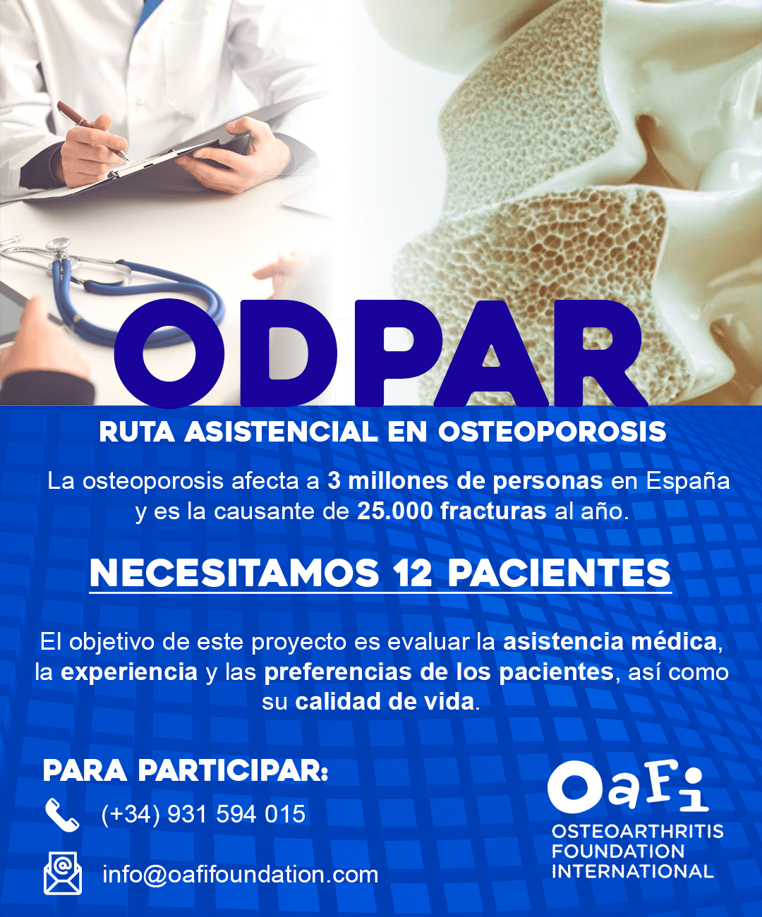 OAFI necesita 12 pacientes que sufran de osteoporosis para un proyecto sobre asistencia médica y calidad de vida